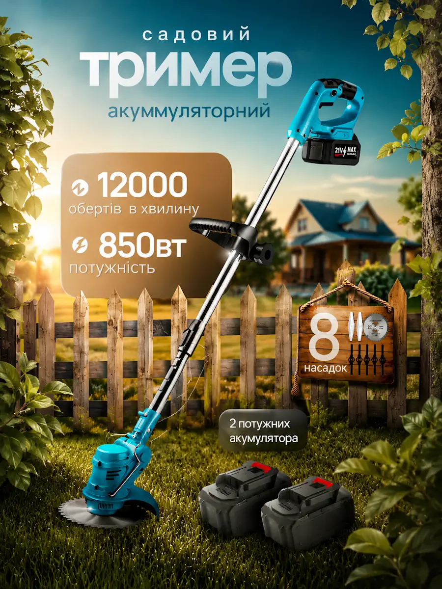 Акумуляторна газонокосарка-триммер 48V з двома акумуляторами