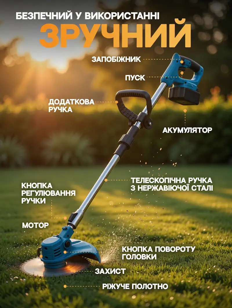 Акумуляторний садовий триммер у роботі біля будинку