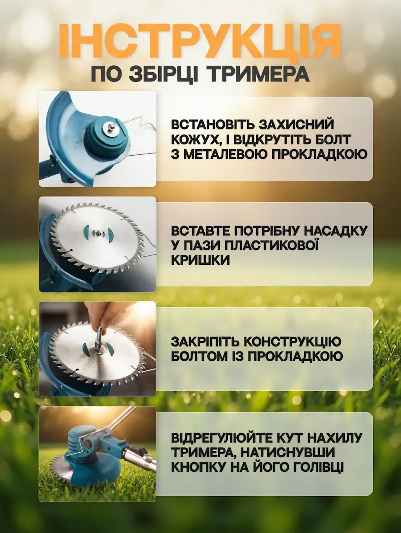 Комплектація акумуляторного триммера з двома батареями та насадками